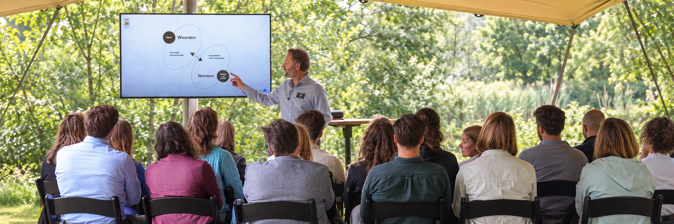 Bas van Kesteren presenteert voor een groep op een groene buitenlocatie